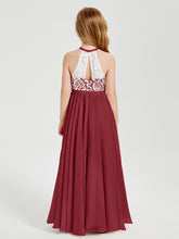 Robes de Demoiselle d'Honneur Longues en Mousseline avec Haut en Dentelle Bordeaux