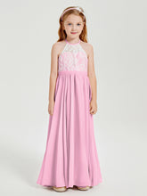 Robes de Demoiselle d'Honneur Longues en Mousseline avec Haut en Dentelle Rose Bonbon