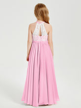 Robes de Demoiselle d'Honneur Longues en Mousseline avec Haut en Dentelle Rose Bonbon