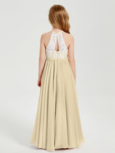 Robes de Demoiselle d'Honneur Longues en Mousseline avec Haut en Dentelle Champagne