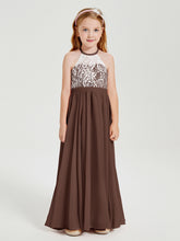 Robes de Demoiselle d'Honneur Longues en Mousseline avec Haut en Dentelle Chocolat
