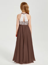 Robes de Demoiselle d'Honneur Longues en Mousseline avec Haut en Dentelle Chocolat