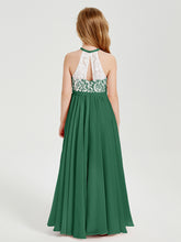 Robes de Demoiselle d'Honneur Longues en Mousseline avec Haut en Dentelle Vert Foncé