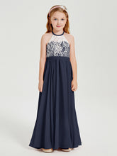 Robes de Demoiselle d'Honneur Longues en Mousseline avec Haut en Dentelle Bleu Marine