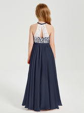 Robes de Demoiselle d'Honneur Longues en Mousseline avec Haut en Dentelle Bleu Marine