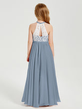 Robes de Demoiselle d'Honneur Longues en Mousseline avec Haut en Dentelle Bleu Poudré