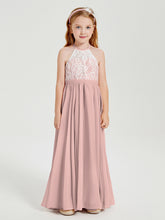 Robes de Demoiselle d'Honneur Longues en Mousseline avec Haut en Dentelle Rose Poudré