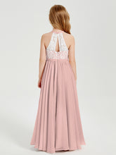 Robes de Demoiselle d'Honneur Longues en Mousseline avec Haut en Dentelle Rose Poudré