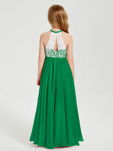 Robes de Demoiselle d'Honneur Longues en Mousseline avec Haut en Dentelle Emeraude