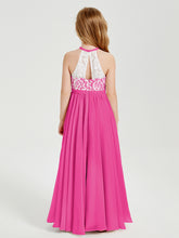 Robes de Demoiselle d'Honneur Longues en Mousseline avec Haut en Dentelle Fuchsia