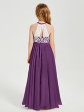 Robes de Demoiselle d'Honneur Longues en Mousseline avec Haut en Dentelle Raisin