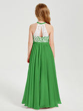 Robes de Demoiselle d'Honneur Longues en Mousseline avec Haut en Dentelle Vert