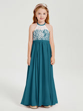 Robes de Demoiselle d'Honneur Longues en Mousseline avec Haut en Dentelle Bleu Encre