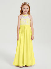 Robes de Demoiselle d'Honneur Longues en Mousseline avec Haut en Dentelle Citron