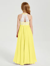Robes de Demoiselle d'Honneur Longues en Mousseline avec Haut en Dentelle Citron