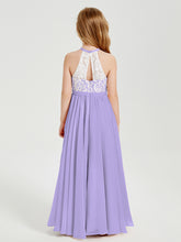 Robes de Demoiselle d'Honneur Longues en Mousseline avec Haut en Dentelle Lilas