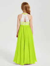 Robes de Demoiselle d'Honneur Longues en Mousseline avec Haut en Dentelle Vert Citron