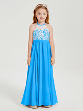 Robes de Demoiselle d'Honneur Longues en Mousseline avec Haut en Dentelle Bleu Océan