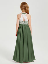 Robes de Demoiselle d'Honneur Longues en Mousseline avec Haut en Dentelle Olive Verte
