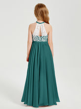 Robes de Demoiselle d'Honneur Longues en Mousseline avec Haut en Dentelle Paon
