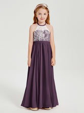 Robes de Demoiselle d'Honneur Longues en Mousseline avec Haut en Dentelle Plum