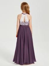 Robes de Demoiselle d'Honneur Longues en Mousseline avec Haut en Dentelle Plum