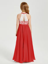 Robes de Demoiselle d'Honneur Longues en Mousseline avec Haut en Dentelle Rouge
