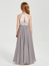 Robes de Demoiselle d'Honneur Longues en Mousseline avec Haut en Dentelle Argent