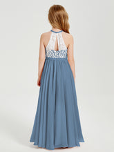 Robes de Demoiselle d'Honneur Longues en Mousseline avec Haut en Dentelle Bleu de Schiste