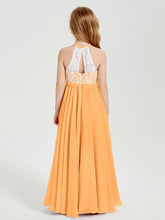 Robes de Demoiselle d'Honneur Longues en Mousseline avec Haut en Dentelle Mandarine