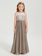 Robes de Demoiselle d'Honneur Longues en Mousseline avec Haut en Dentelle Taupe