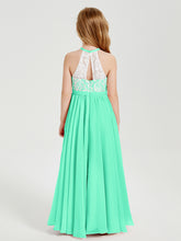 Robes de Demoiselle d'Honneur Longues en Mousseline avec Haut en Dentelle Turquoise