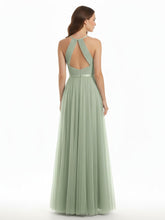 Col En V Tulle Robes Longues Avec Satin Ceinture Sauge Poudrée