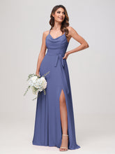 Maxi Robe Sexy en Mousseline Froncée à Col Bénitier avec Fente Pervenche