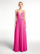 Robe en Mousseline Simple à Bretelles Spaghetti avec Encolure Crantée Fuchsia