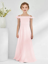 Robes de Demoiselle d'Honneur Junior en Mousseline à A-ligne Hors de l'Épaule Rose Pâle