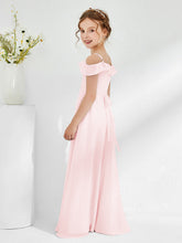 Robes de Demoiselle d'Honneur Junior en Mousseline à A-ligne Hors de l'Épaule Rose Pâle