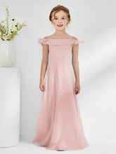 Robes de Demoiselle d'Honneur Junior en Mousseline à A-ligne Hors de l'Épaule Rose Poudré
