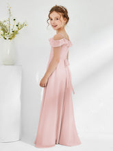 Robes de Demoiselle d'Honneur Junior en Mousseline à A-ligne Hors de l'Épaule Rose Poudré