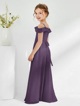 Robes de Demoiselle d'Honneur Junior en Mousseline à A-ligne Hors de l'Épaule Plum