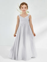 Robes de Demoiselle d'Honneur Junior Plissées A-ligne à Col en V Argent