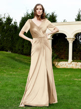 Robe en Velours à Manches Mi-longues et Col en V avec Fente Champagne