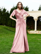 Robe en Velours à Manches Mi-longues et Col en V avec Fente Rose Poudré