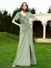 Robe en Velours à Manches Mi-longues et Col en V avec Fente Sauge Poudrée