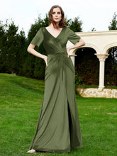 Robe en Velours à Manches Mi-longues et Col en V avec Fente Olive Verte