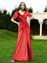 Robe en Velours à Manches Mi-longues et Col en V avec Fente Rouge