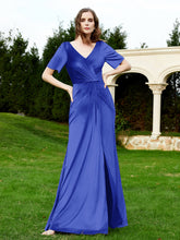 Robe en Velours à Manches Mi-longues et Col en V avec Fente Bleu Royale