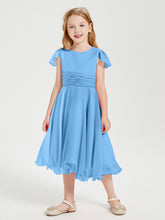 Robes de Demoiselle d'Honneur Junior en Mousseline à Longueur de Mollet Bleu