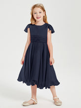 Robes de Demoiselle d'Honneur Junior en Mousseline à Longueur de Mollet Bleu Marine