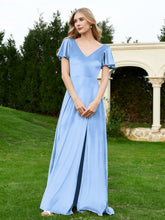 Robe en Velours à Col en V et Manches Flottantes avec Fente Bleu Poudré